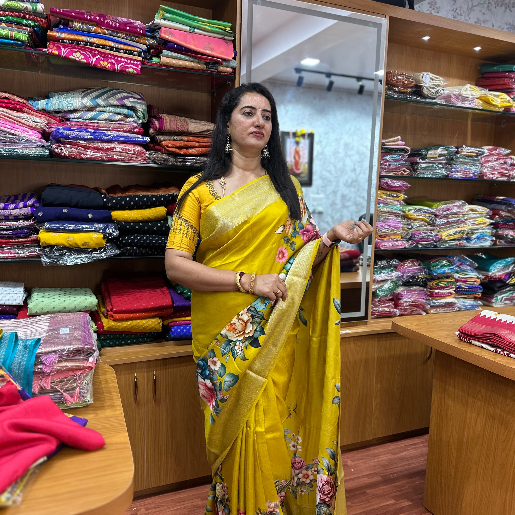 Yellow printed dola silk sarees