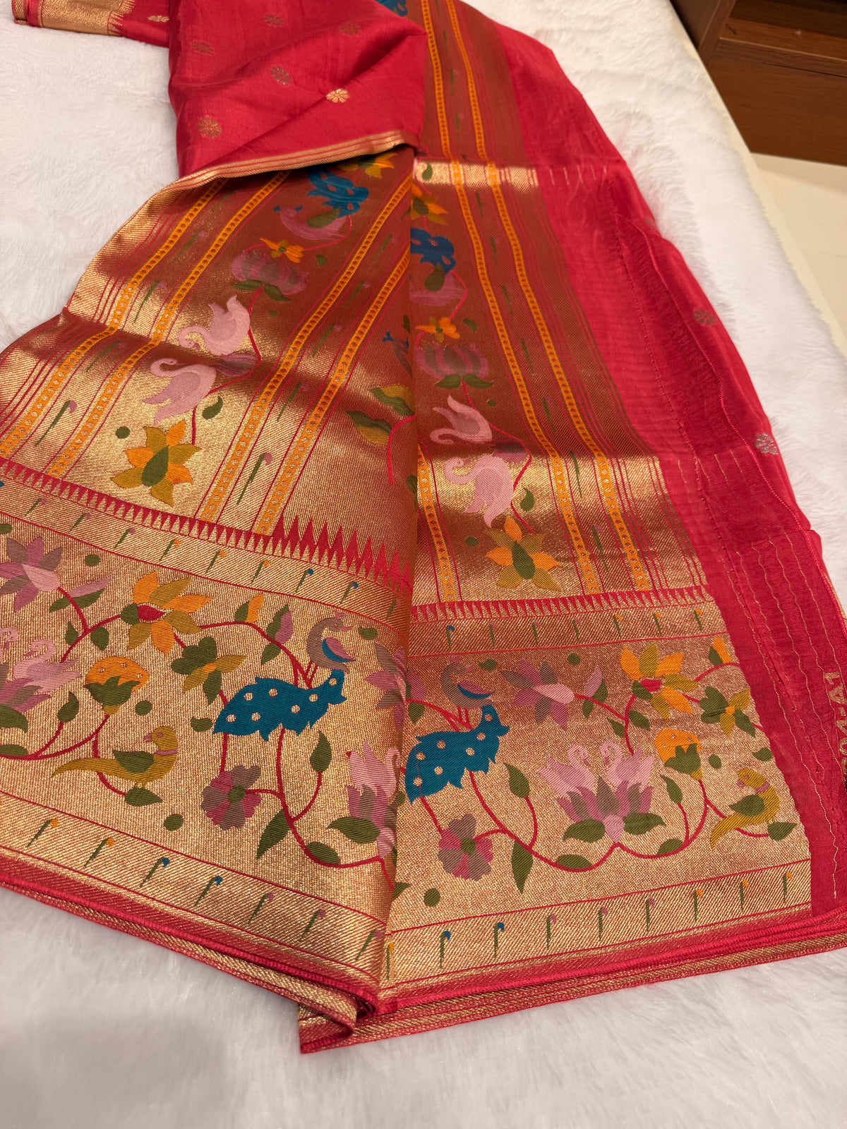 Pastel pink pure paithani swan & peacock border saree