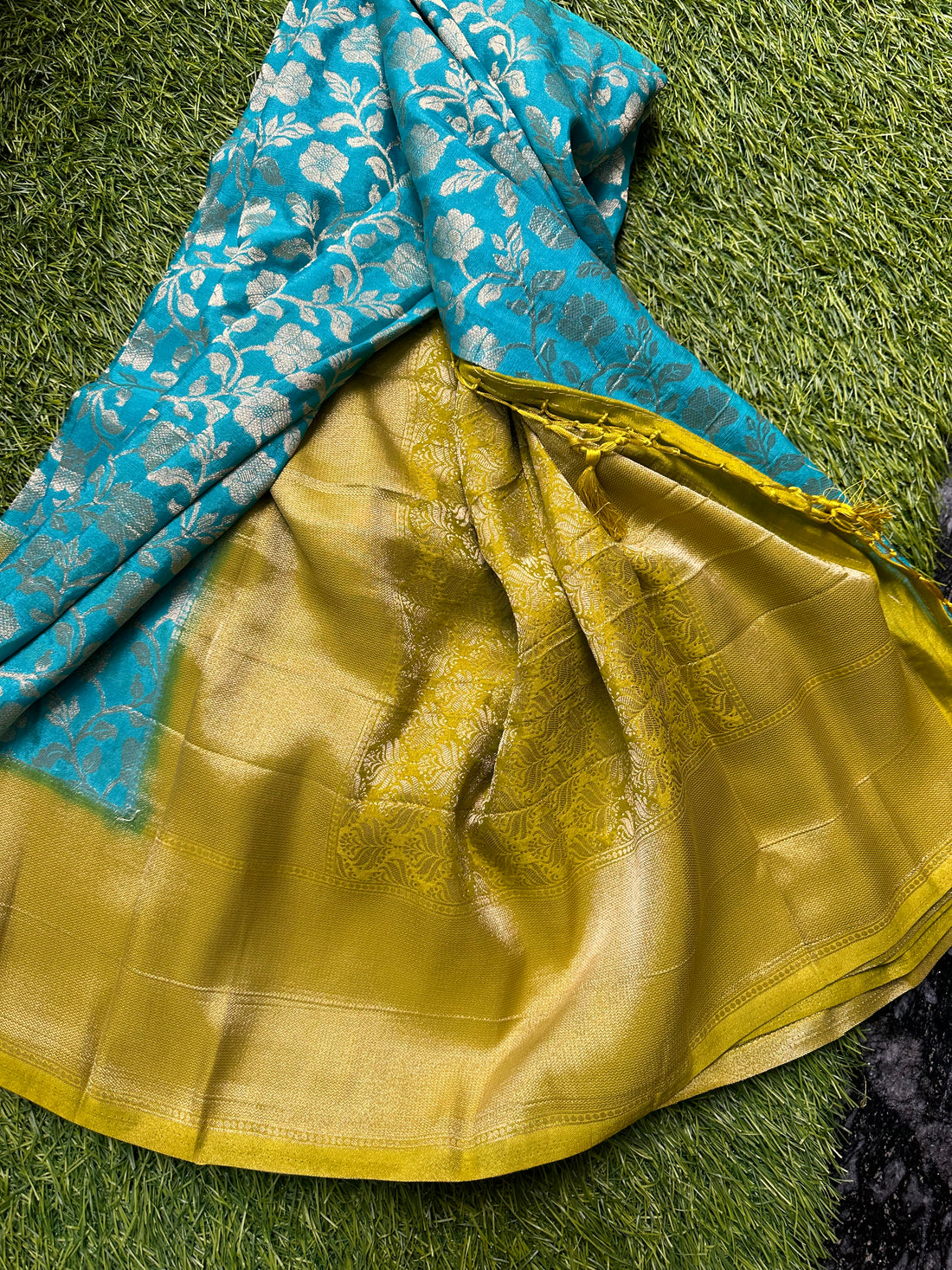 Designer georgette jaal pattern sea blue with mustard.