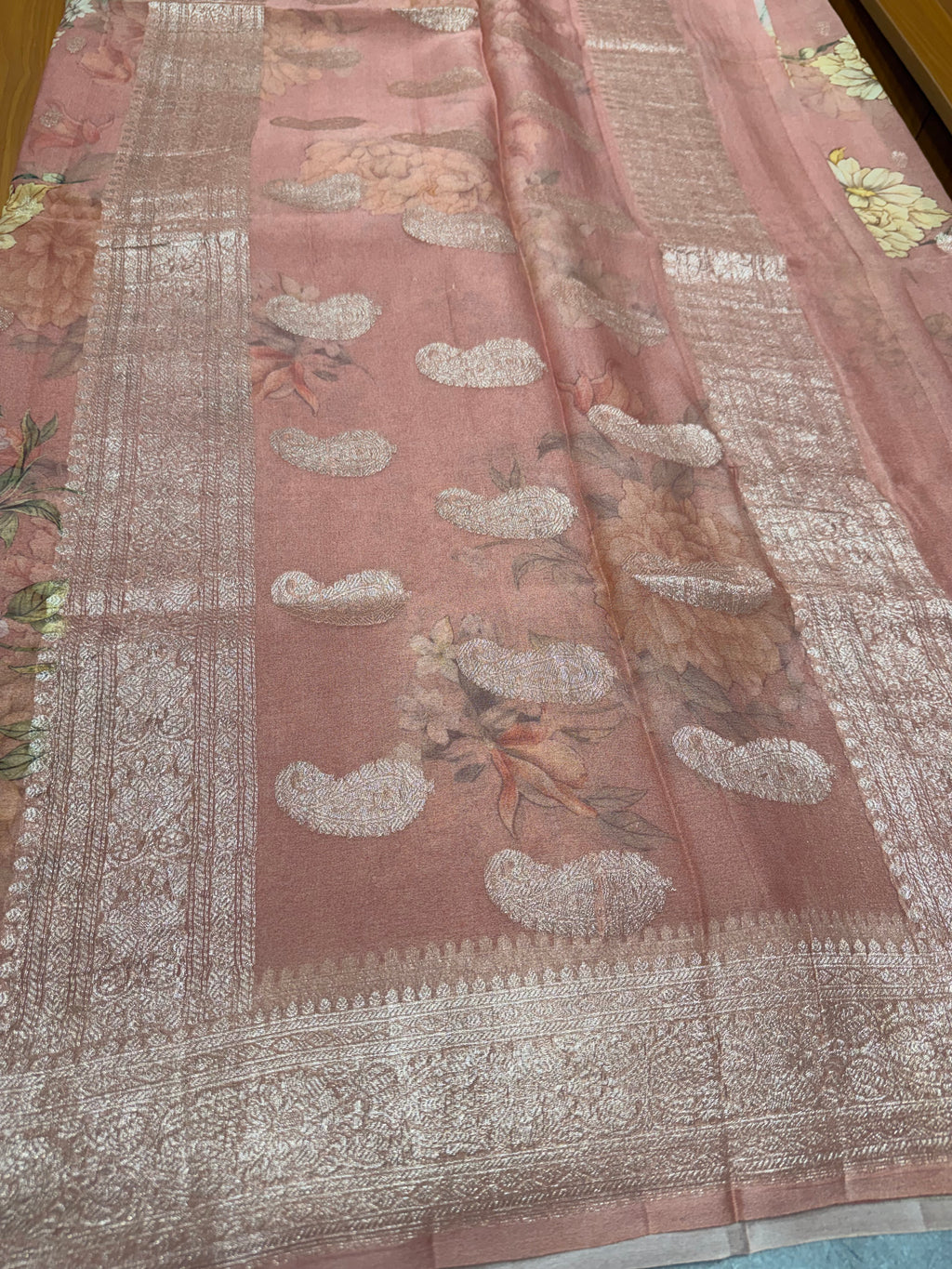 Pastel pink digital print Banarasi pure tissue chiffon saree sliver zari saree