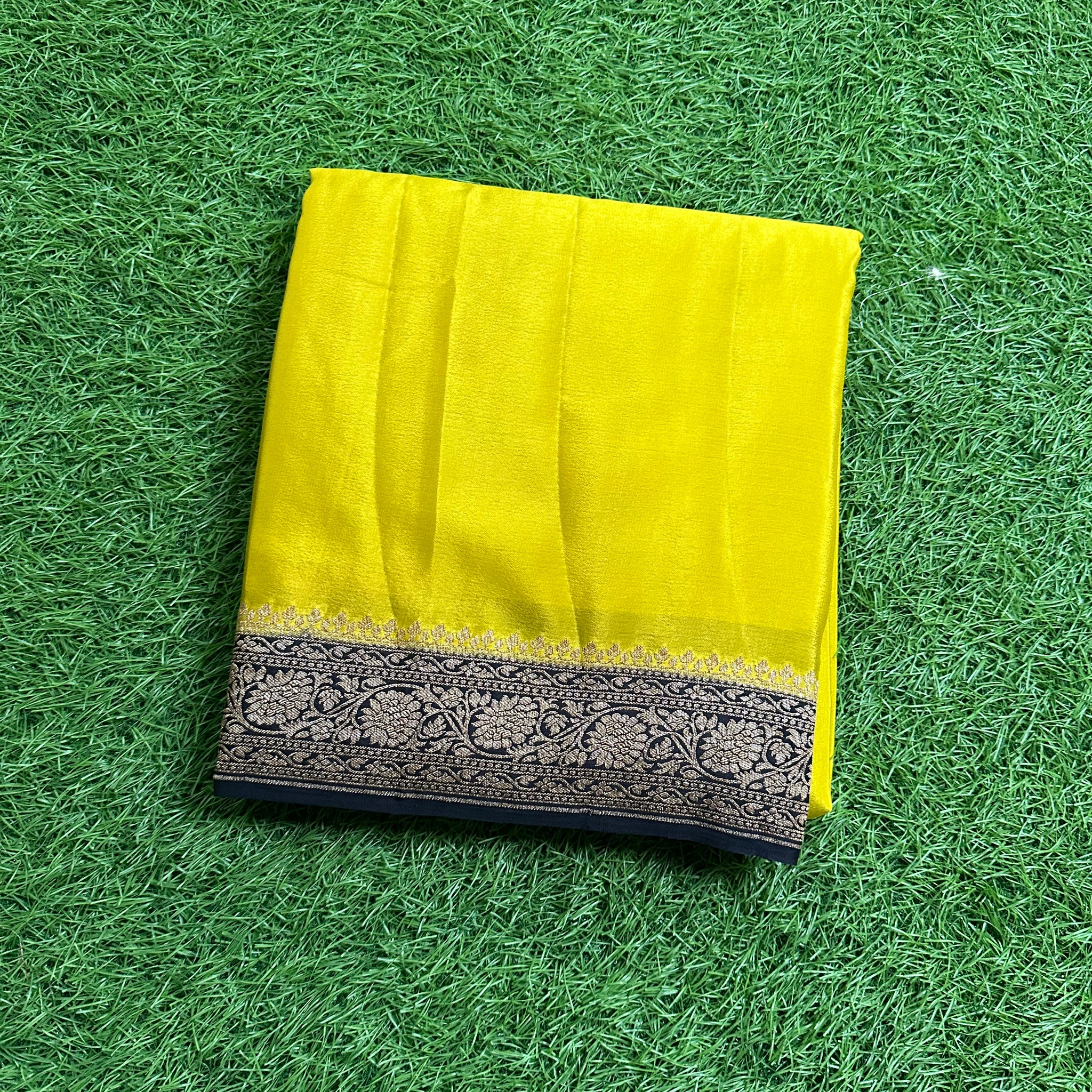 Yellow and purple pure crepe Banaras plain with brocade blouse.