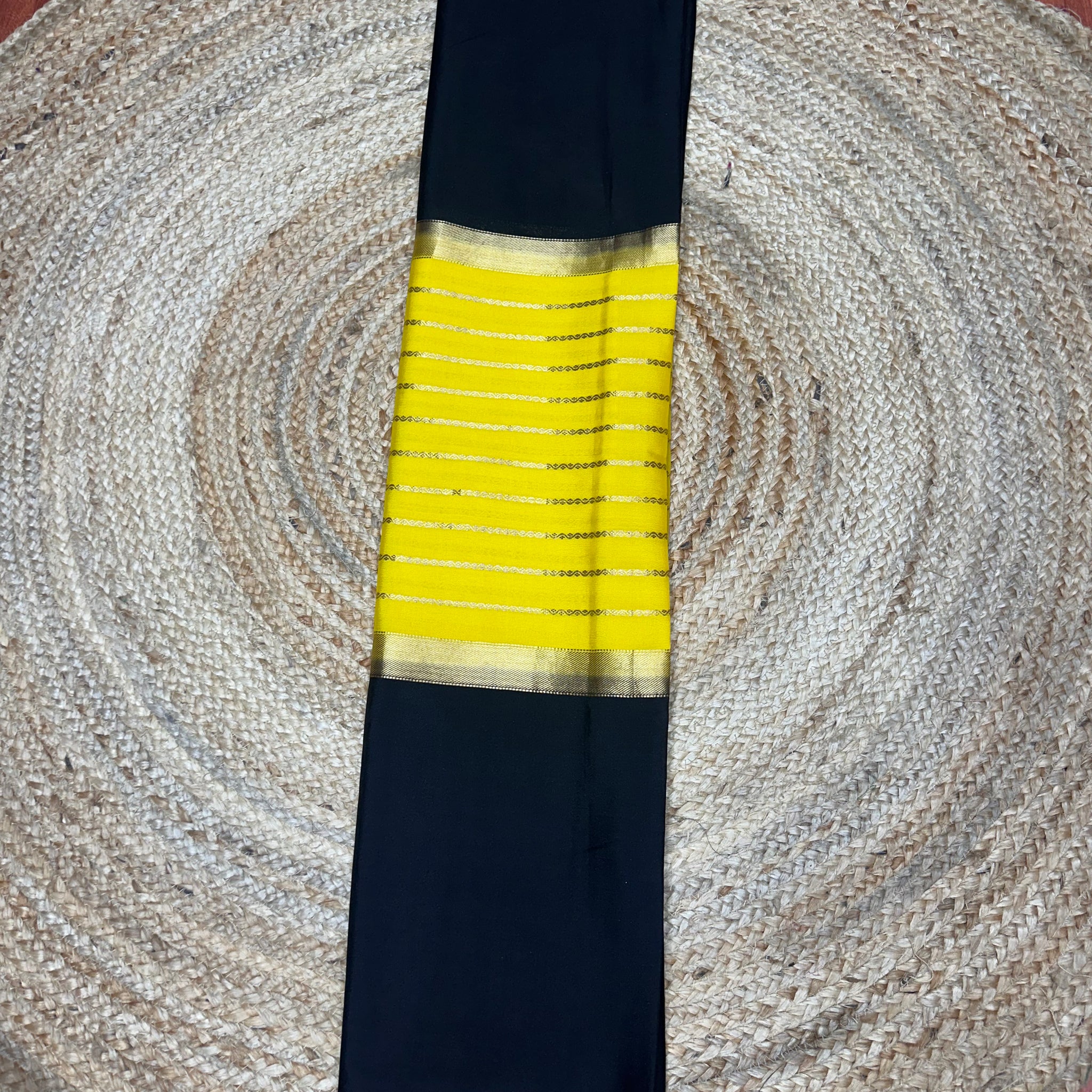 Yellow and black pure crepe Mysore Silk sarees 110 gsm