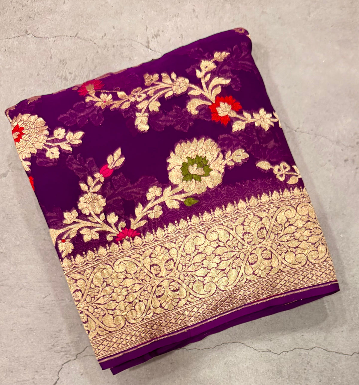 Purple jaal pattern pure georgette with water zari saree