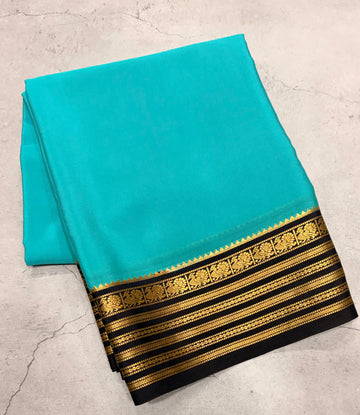 Light Rama green stripes border pure Mysore silk crepe saree
