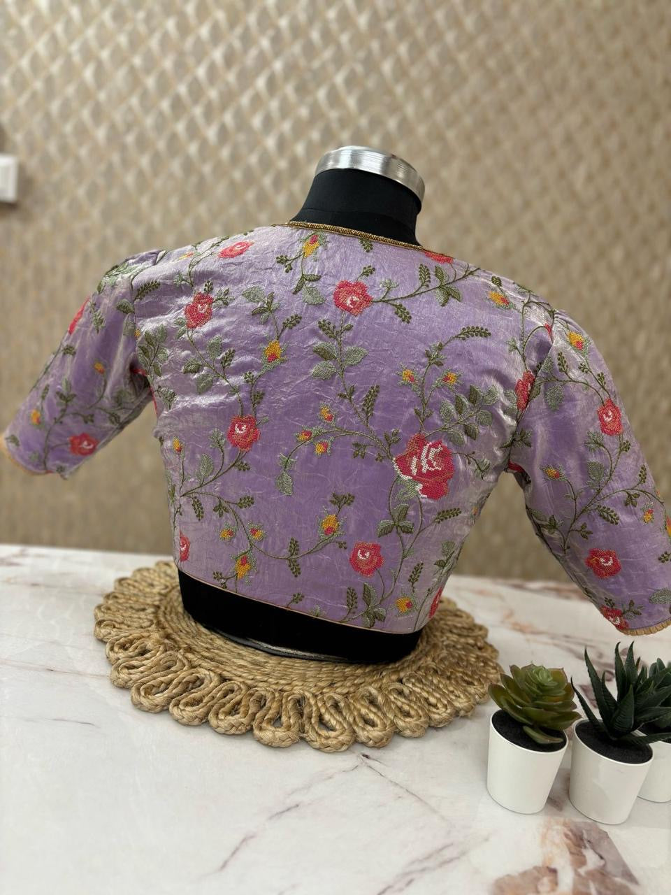 Lavender Pure tissue with cutdhana handwork ready blouse size L to XXL