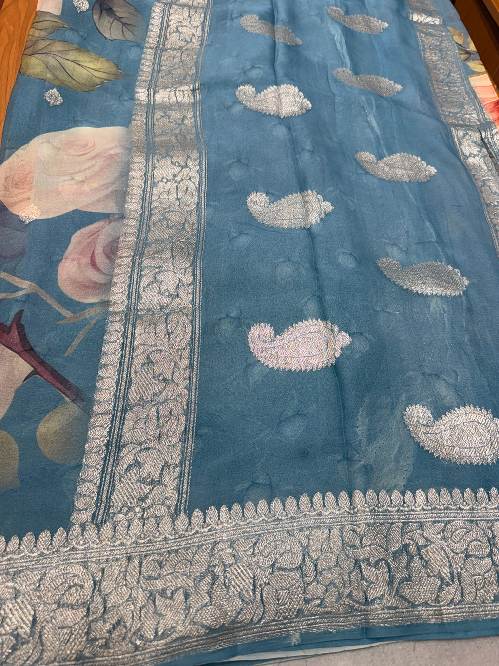 Peacock blue digital print Banarasi pure tissue chiffon saree sliver zari saree