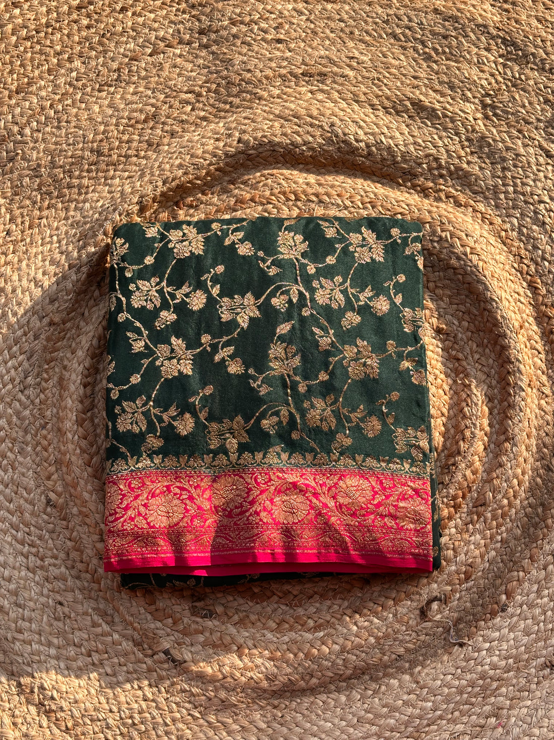 Deep green with pink pure crepe banaras jaal sarees
