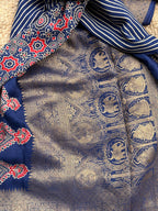 Deep blue ajrak dola silk with vertical stripes premium zari