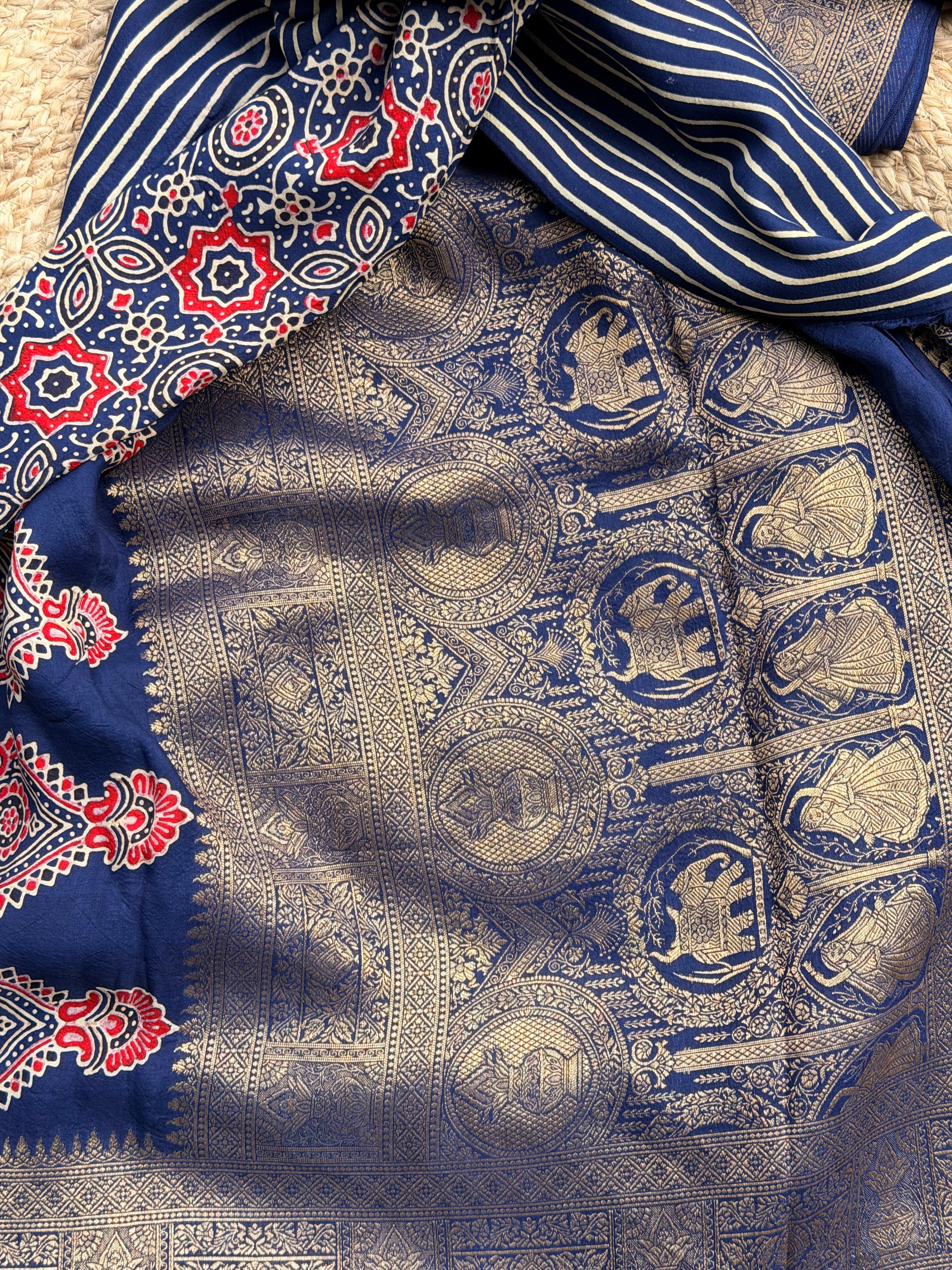 Deep blue ajrak dola silk with vertical stripes premium zari