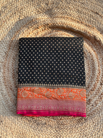 Black and orange and pink pure crepe banaras sarees