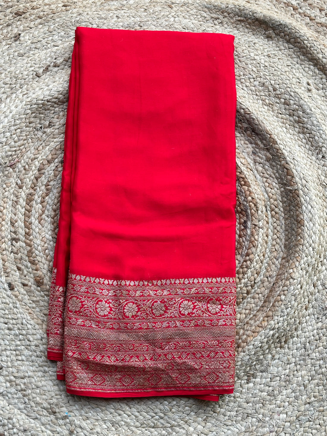 Hot red pure crepe Banaras plain saree with Jaal Pattern blouse