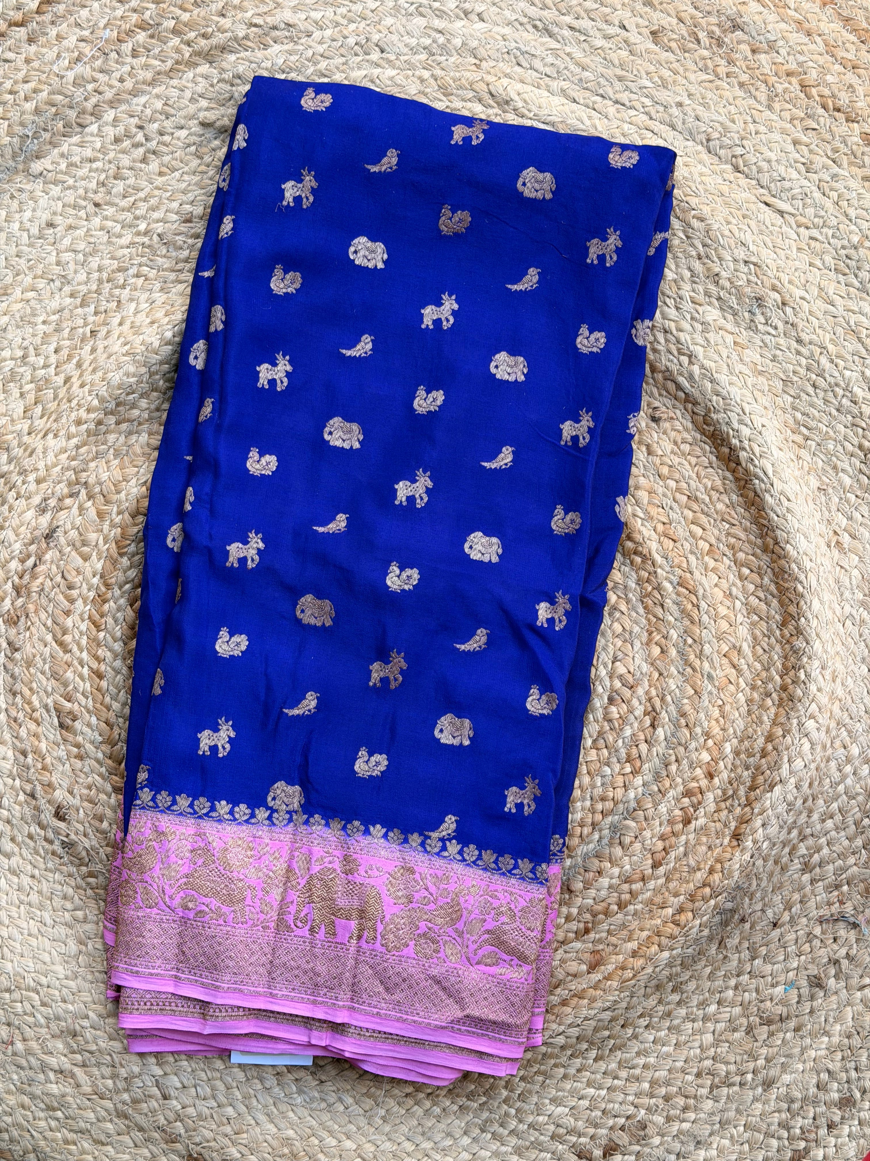 Royal blue and lotus pink pure crepe Banaras