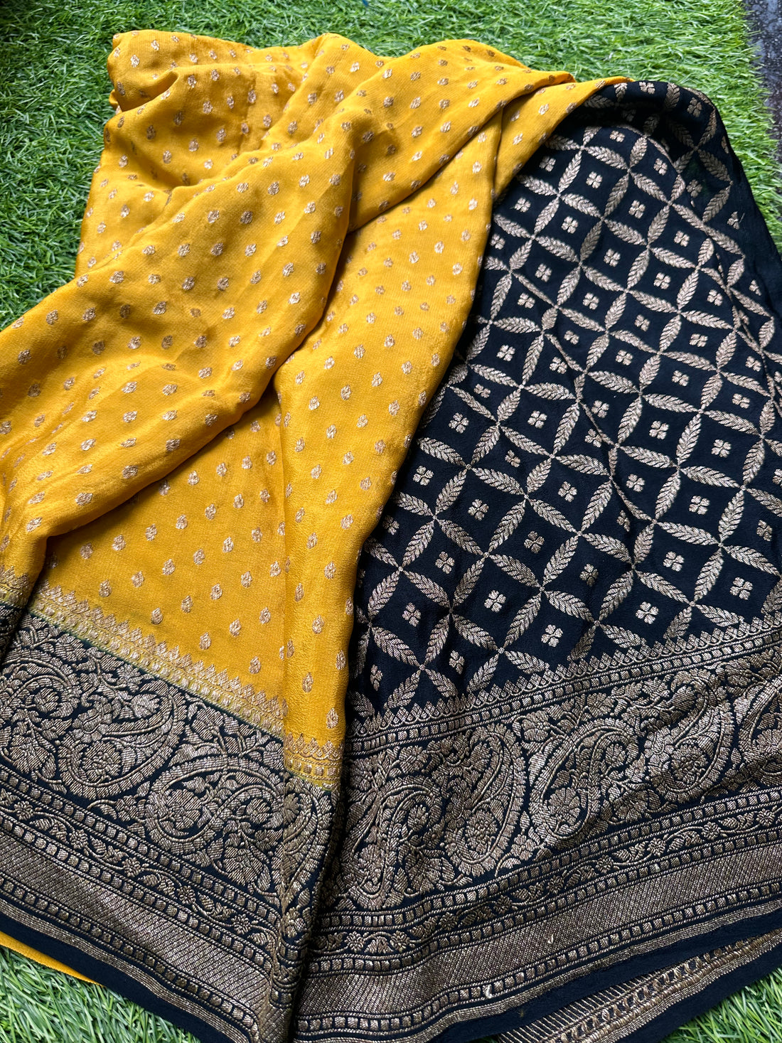 Pure crepe silk Banaras. Mustard with black.