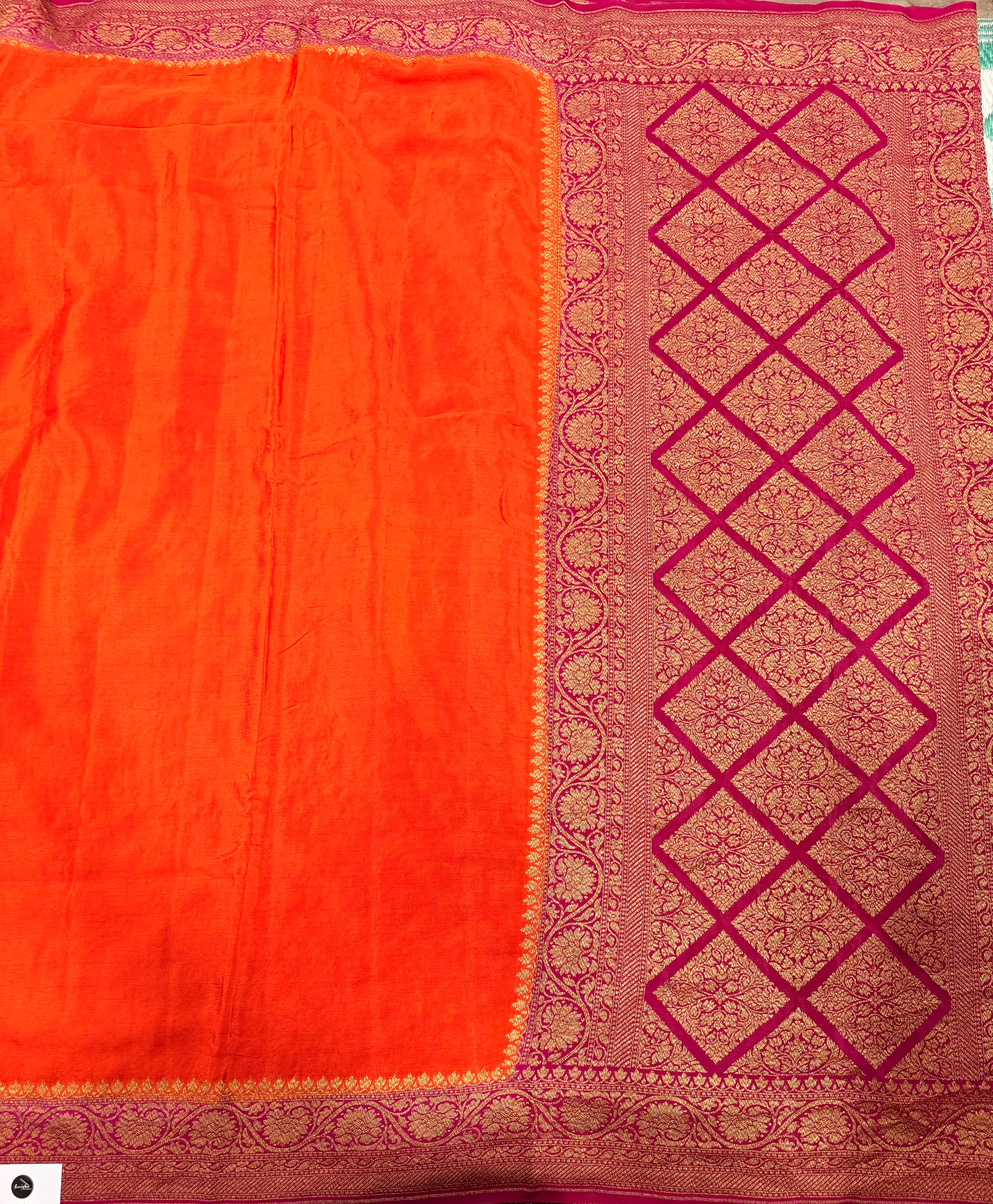 Orange n Rani pink partly pallu pure benarasi crepe silk saree