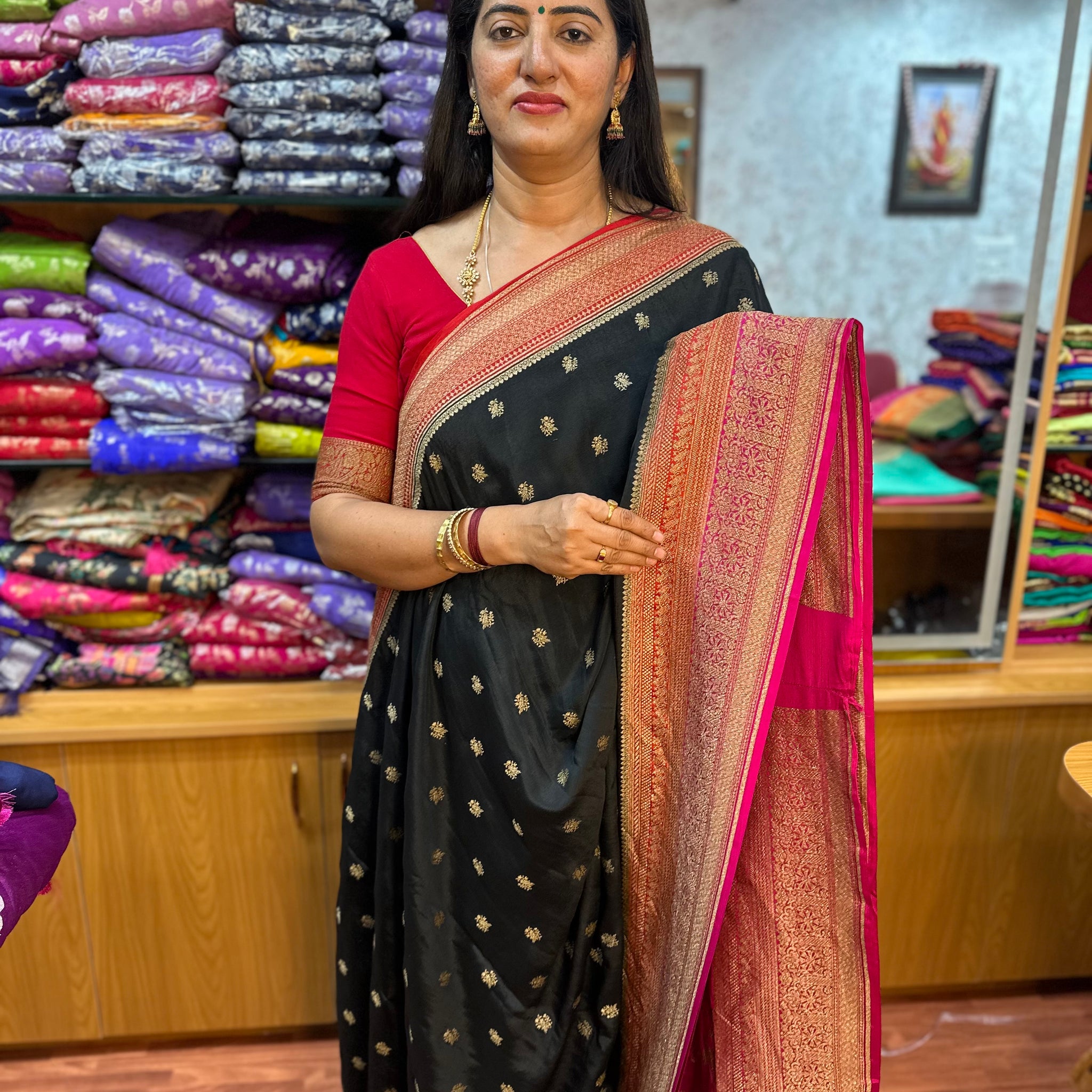 Black and red pure crepe Banaras 3D pattern with brocade blouse