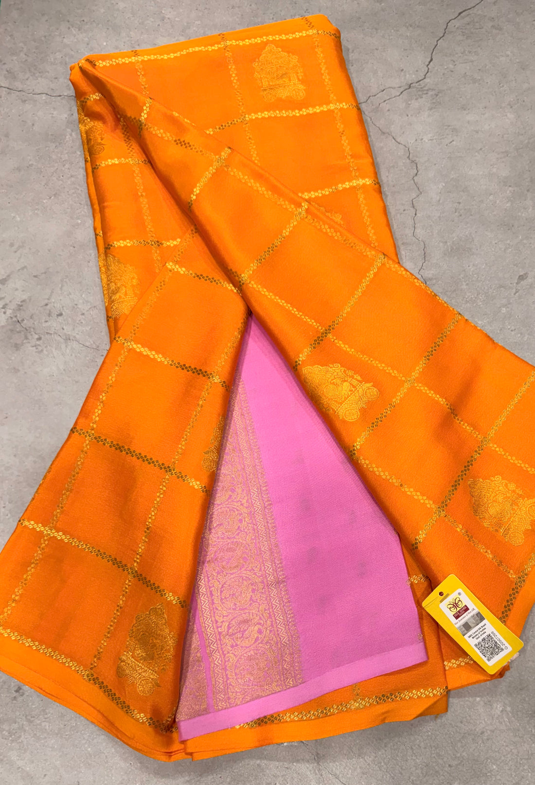 Bright mustard yellow checks pure Mysore silk crepe saree