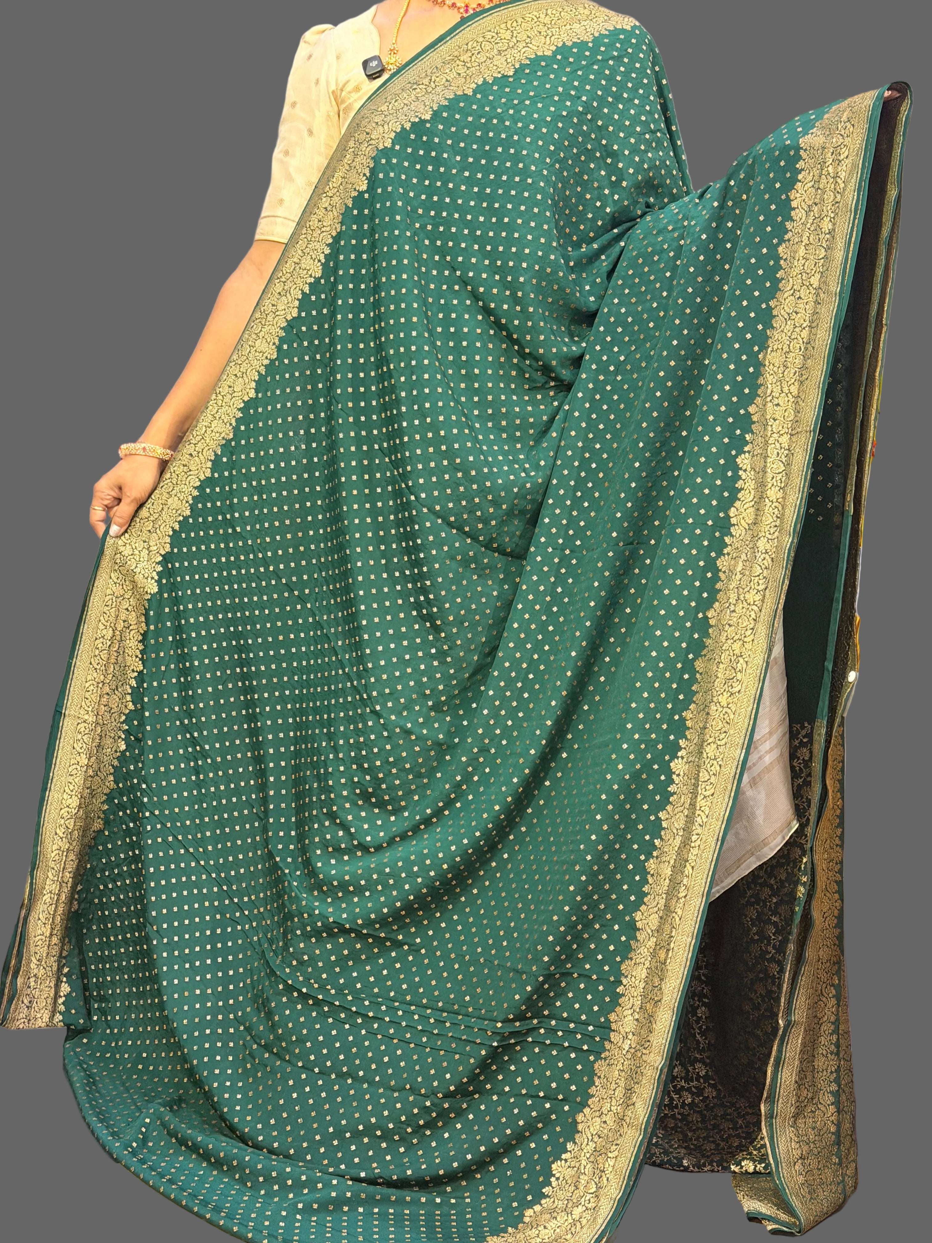 Bottle green mango border pure benarasi crepe silk saree