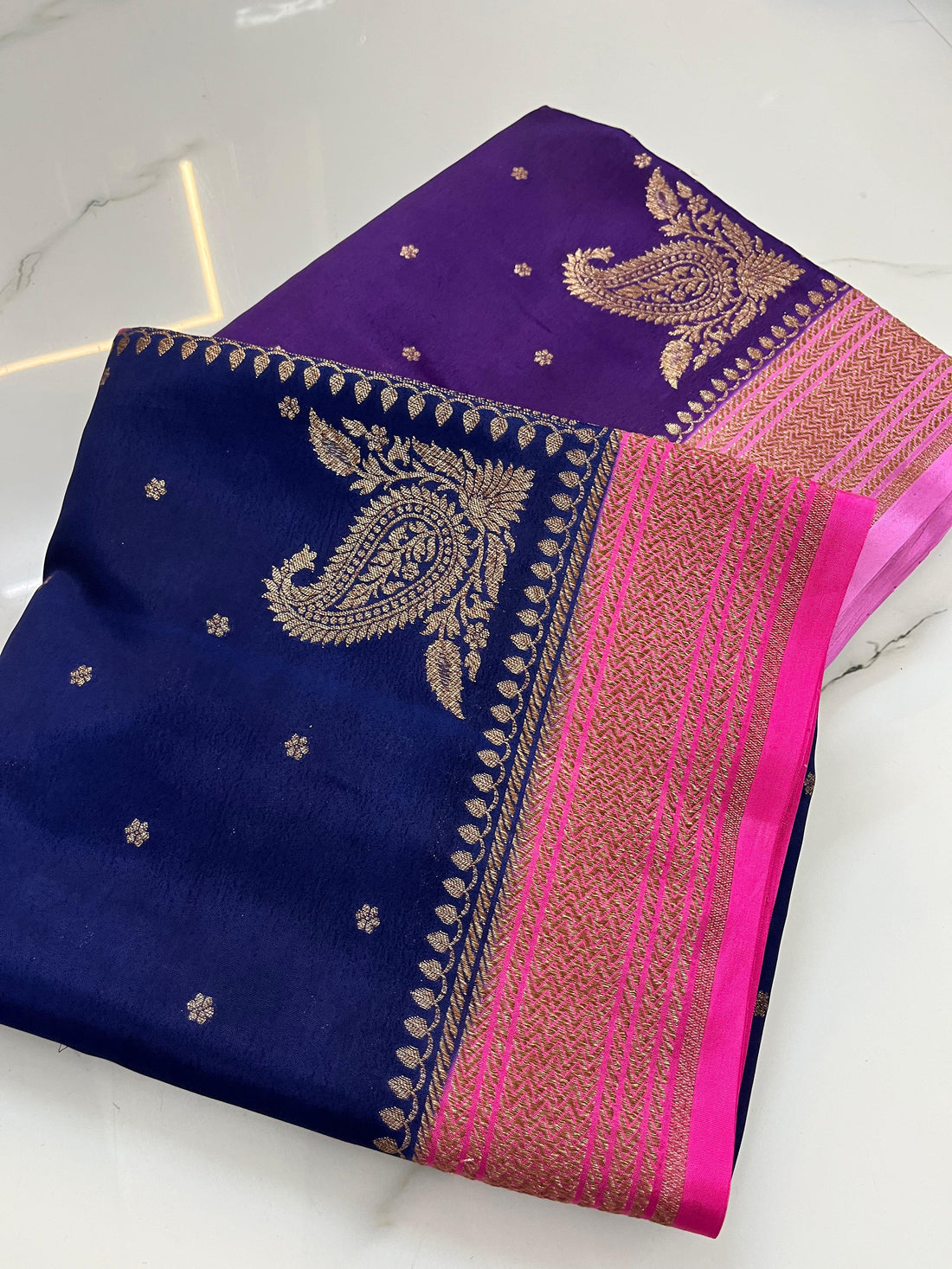 Blue and pink crepe chiffon Banarasi sarees