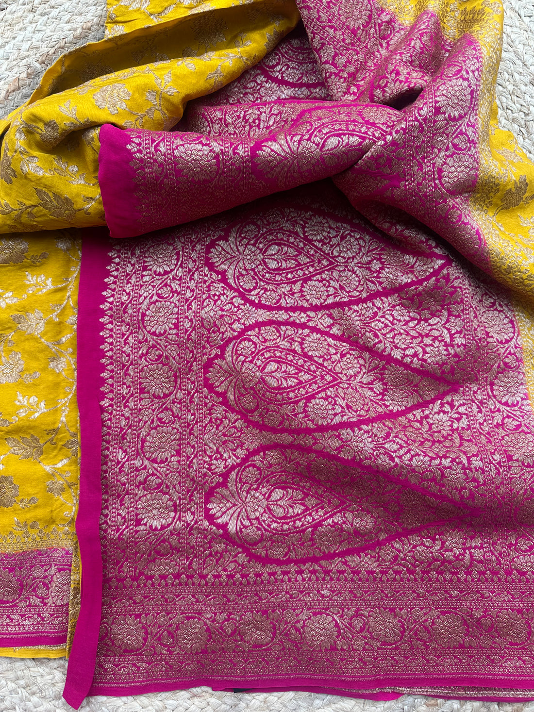 Yellow and pink pure crepe Banaras jaal pattern