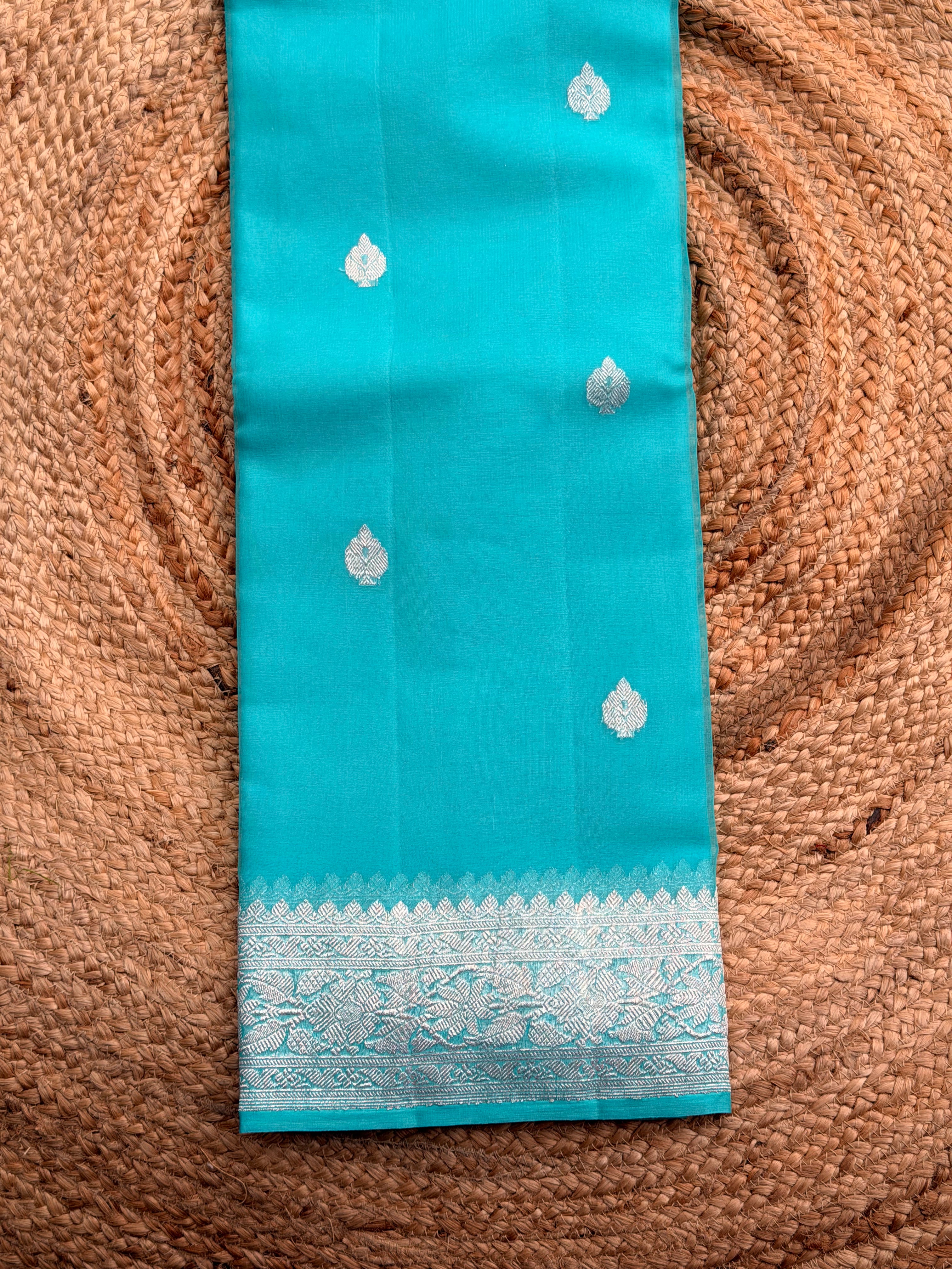 Sky blue Banarasi pure khadi chiffon saree sliver zari woven