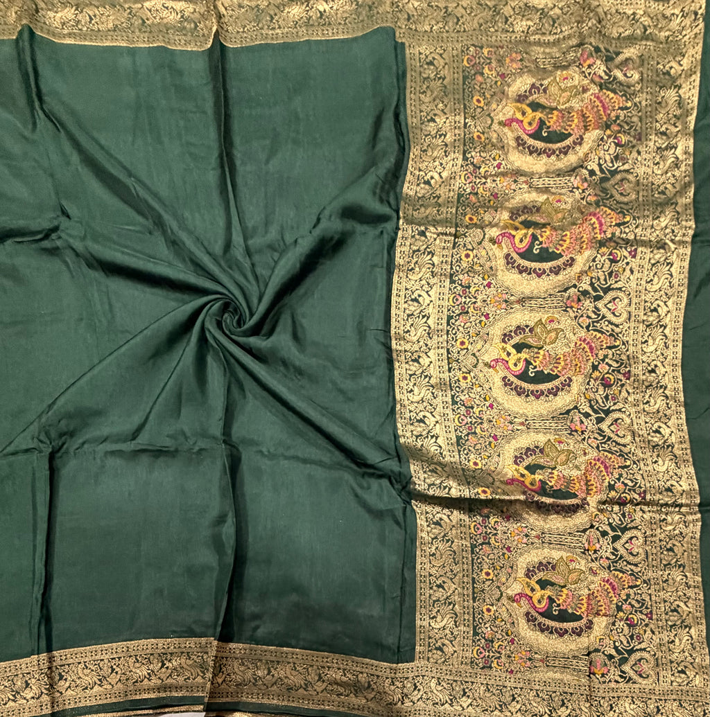 Bottle green Kanchi border plain modal silk saree