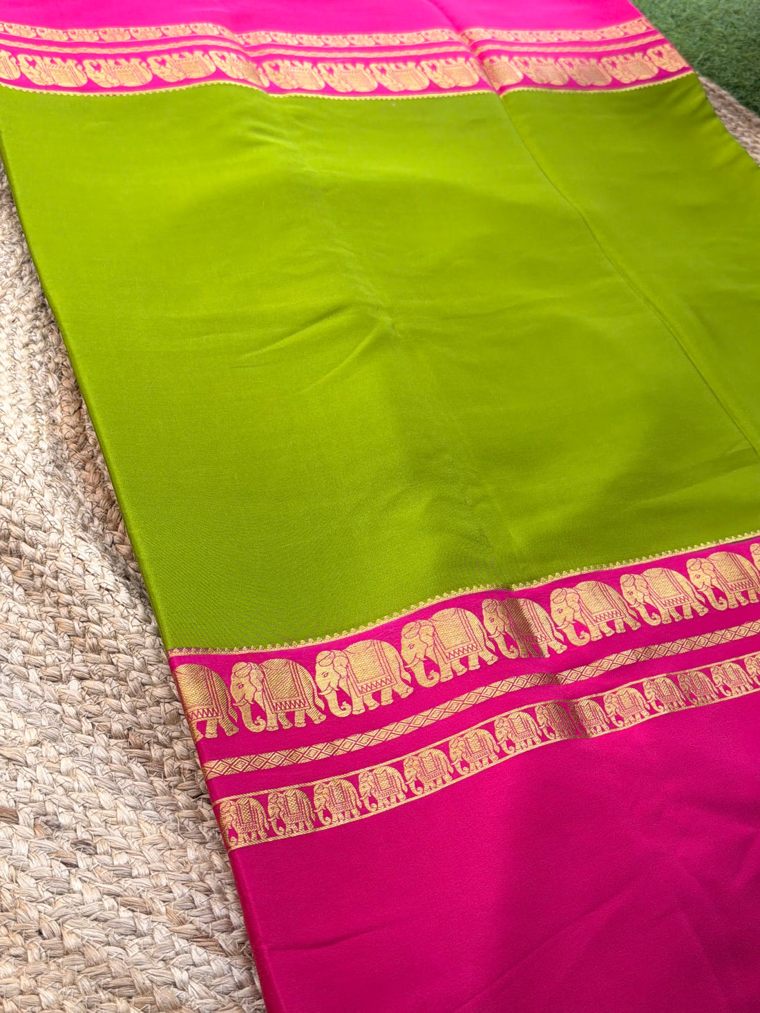 Mysuru Silk Crepe- Elephant 3 D Border (120 gsm) Green with pink and white border