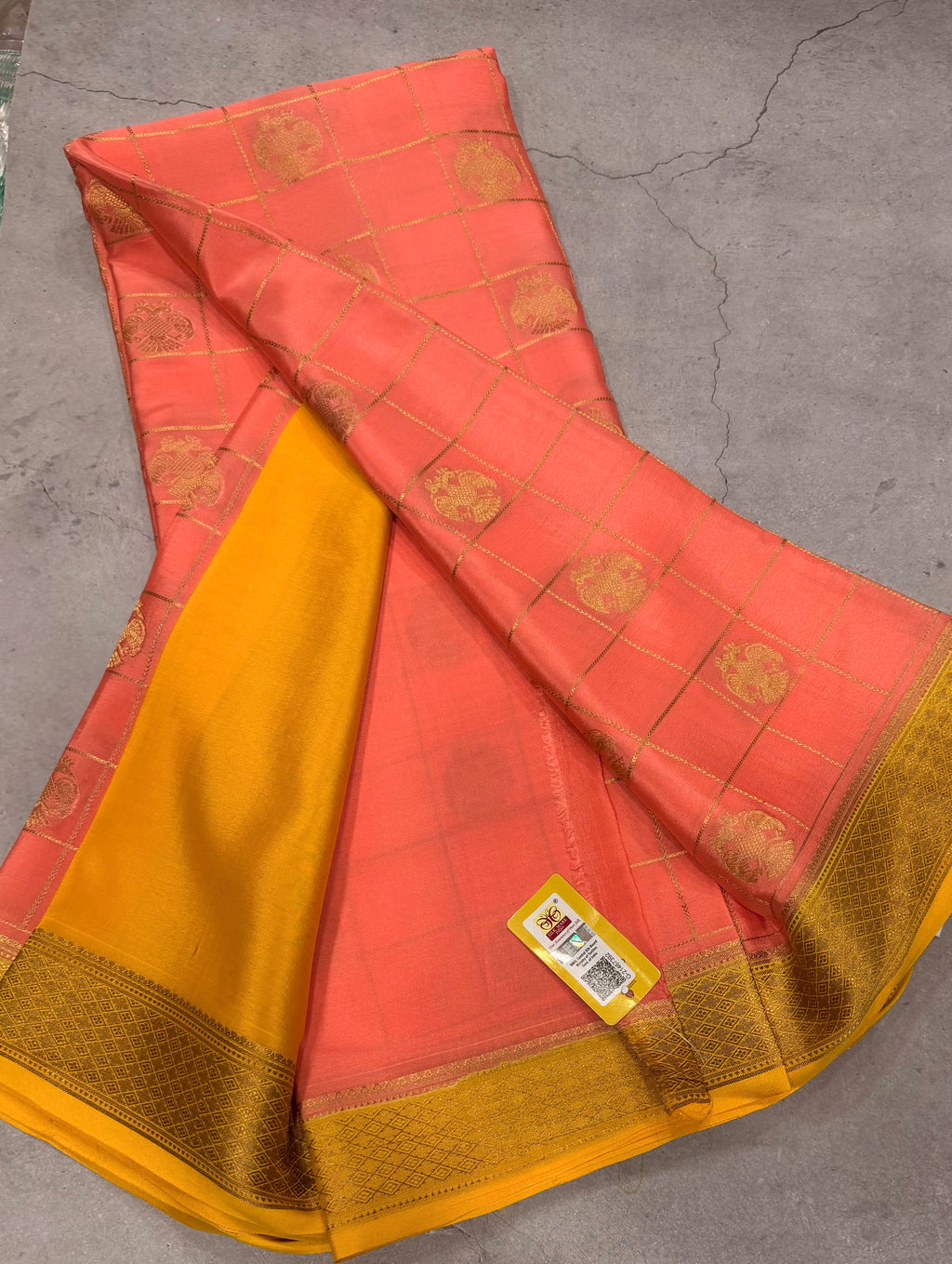 Pastel pink checks pure Mysore silk crepe saree