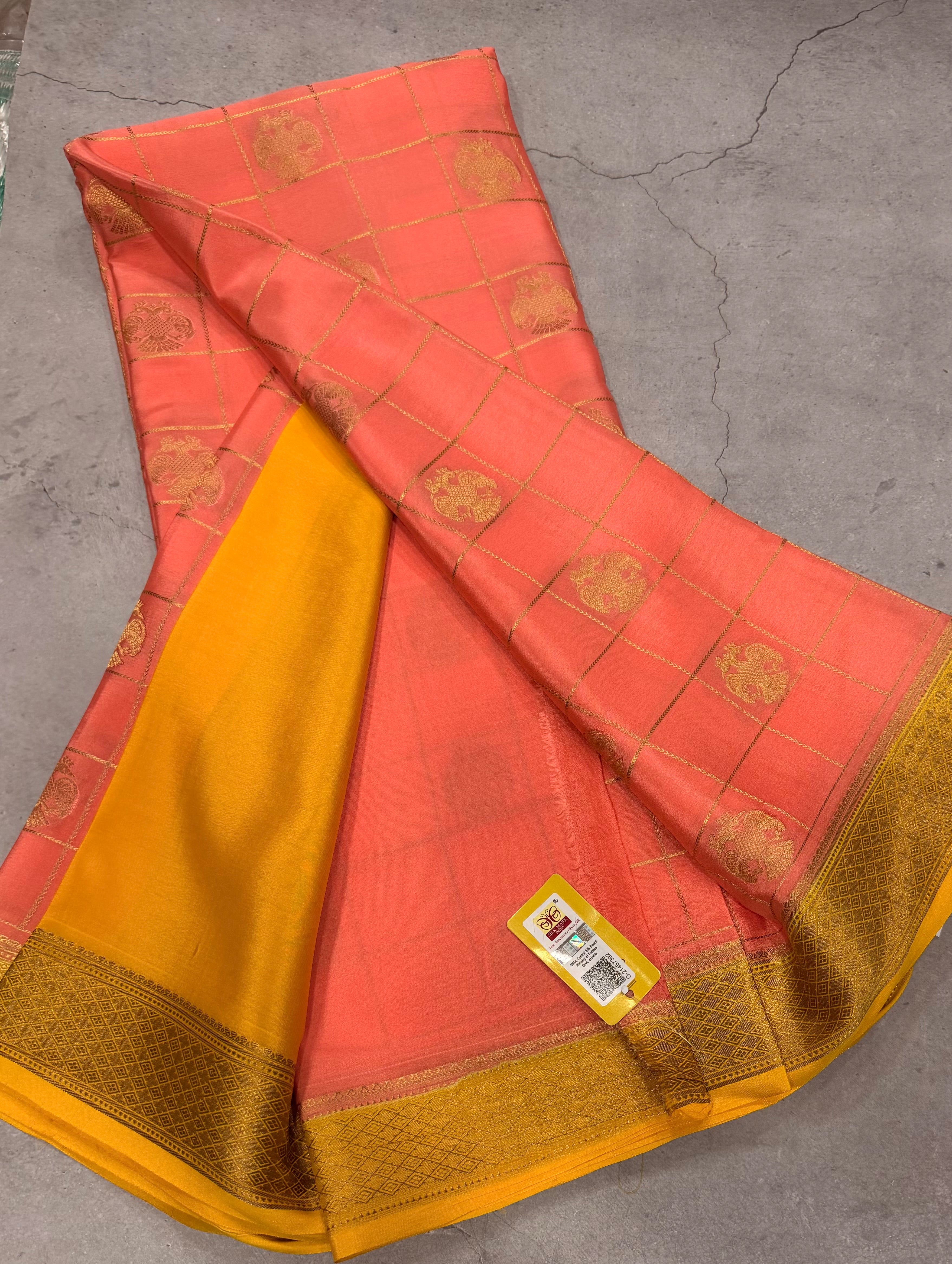 Pastel pink checks pure Mysore silk crepe saree