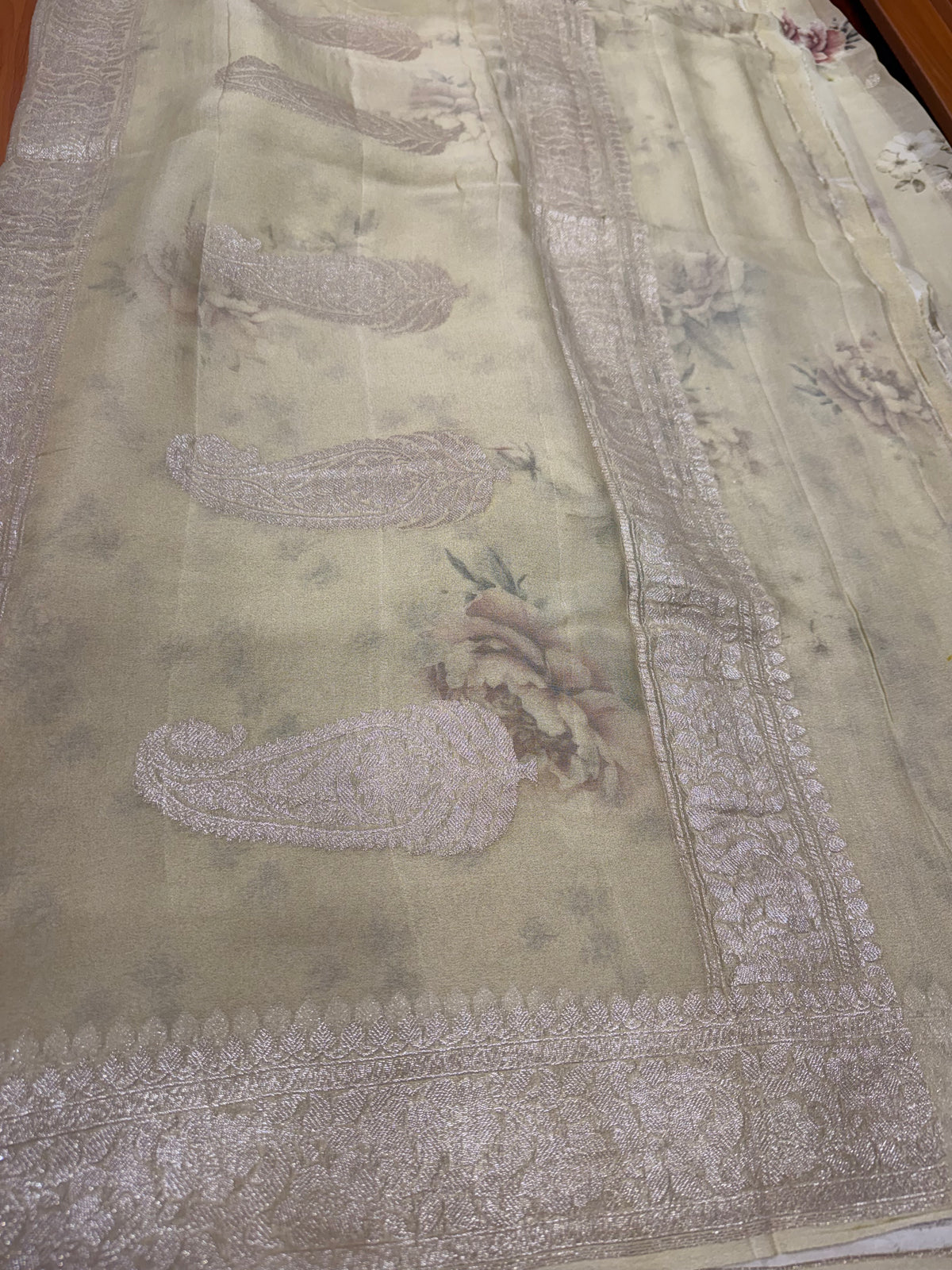 Pale yellow digital print Banarasi pure tissue chiffon saree sliver zari saree