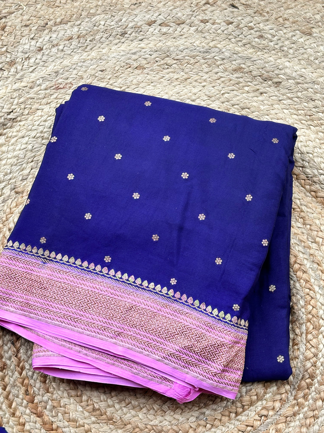 Deep blue with baby pink pure crepe Banaras silk sarees