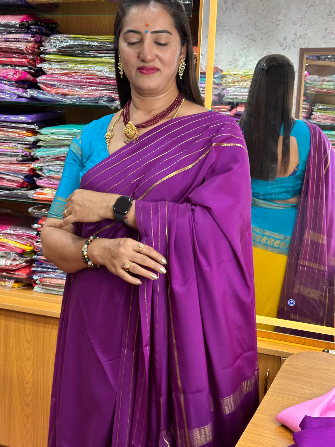 Brinjal purple 7 lines border pure crepe Mysore Silk sarees