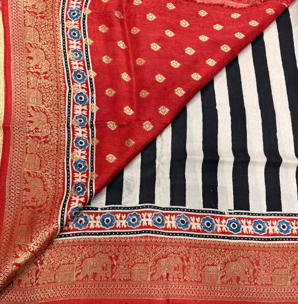 Black n white stripes pure Ajrak dola sarees
