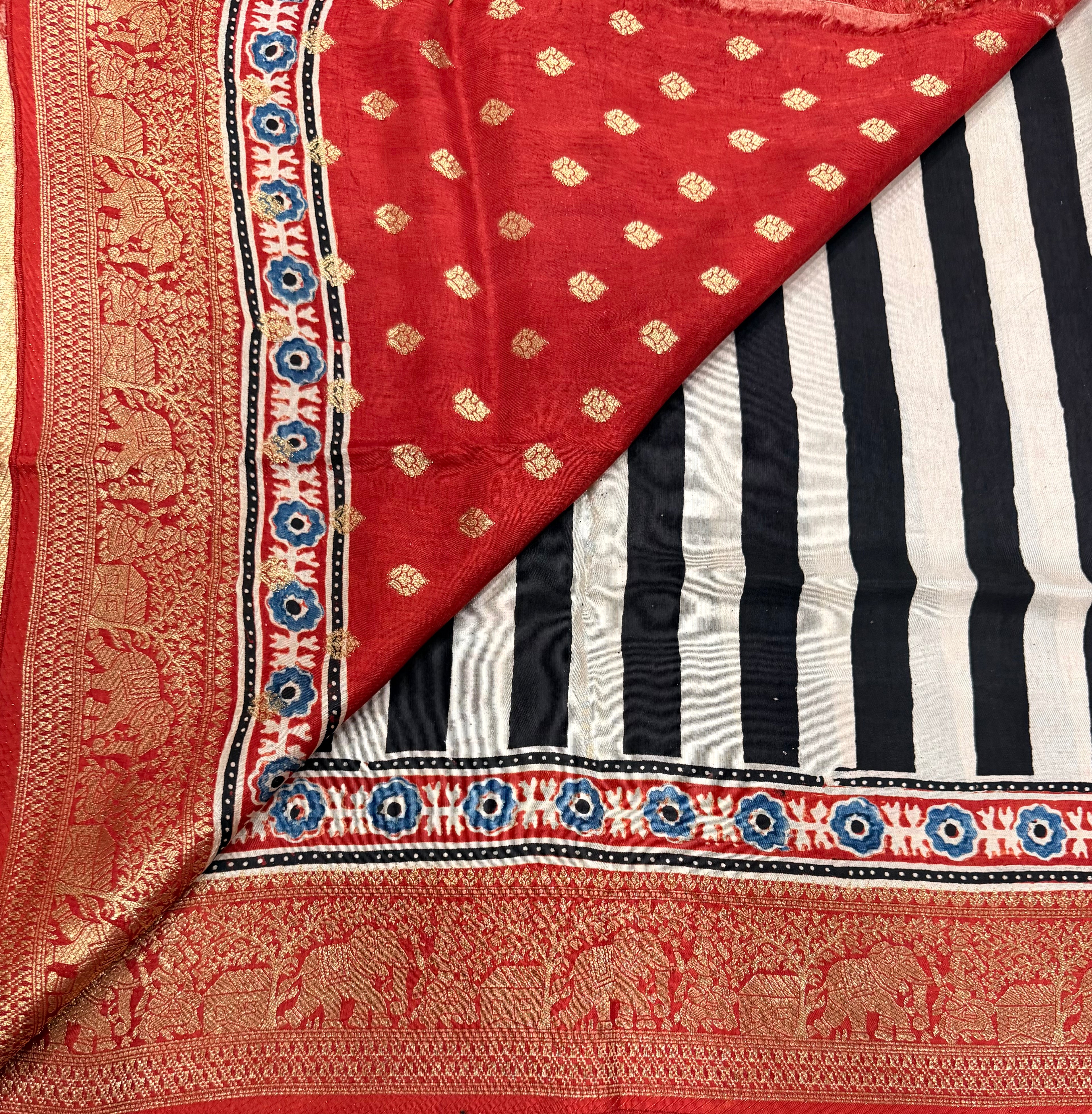 Black n white stripes pure Ajrak dola sarees