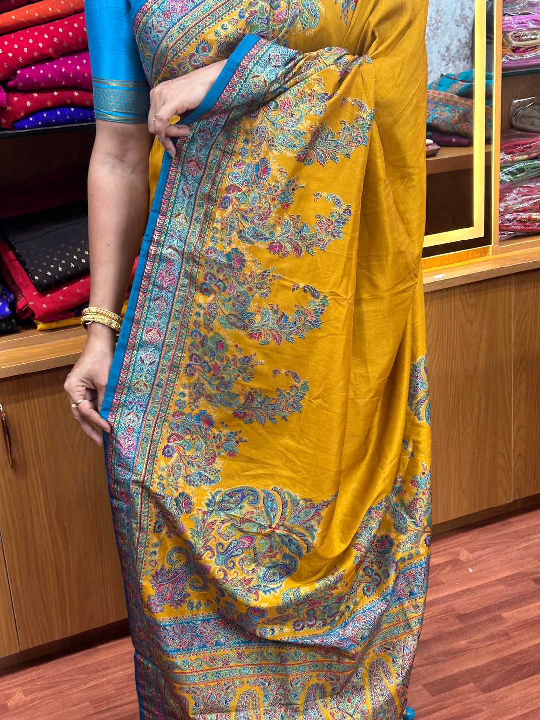 Mustard with blue pashmina prints