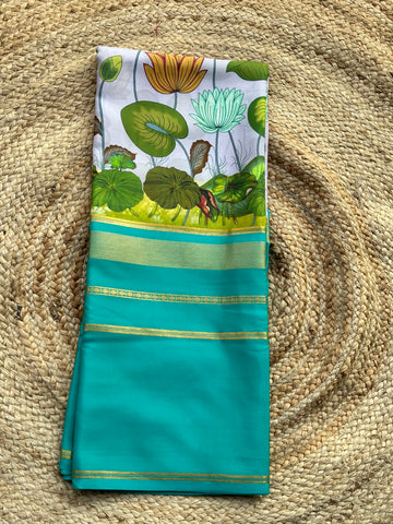 Rama blue with digital kalamkari prints pure crepe Mysore Silk sarees 120 gsm
