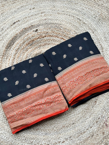 Black and orange pure crepe Banaras silk sarees