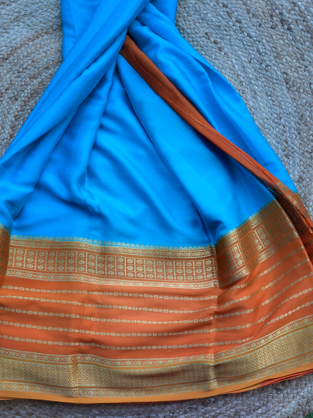 Blue with orange pure crepe Mysore Silk sarees 120 gsm