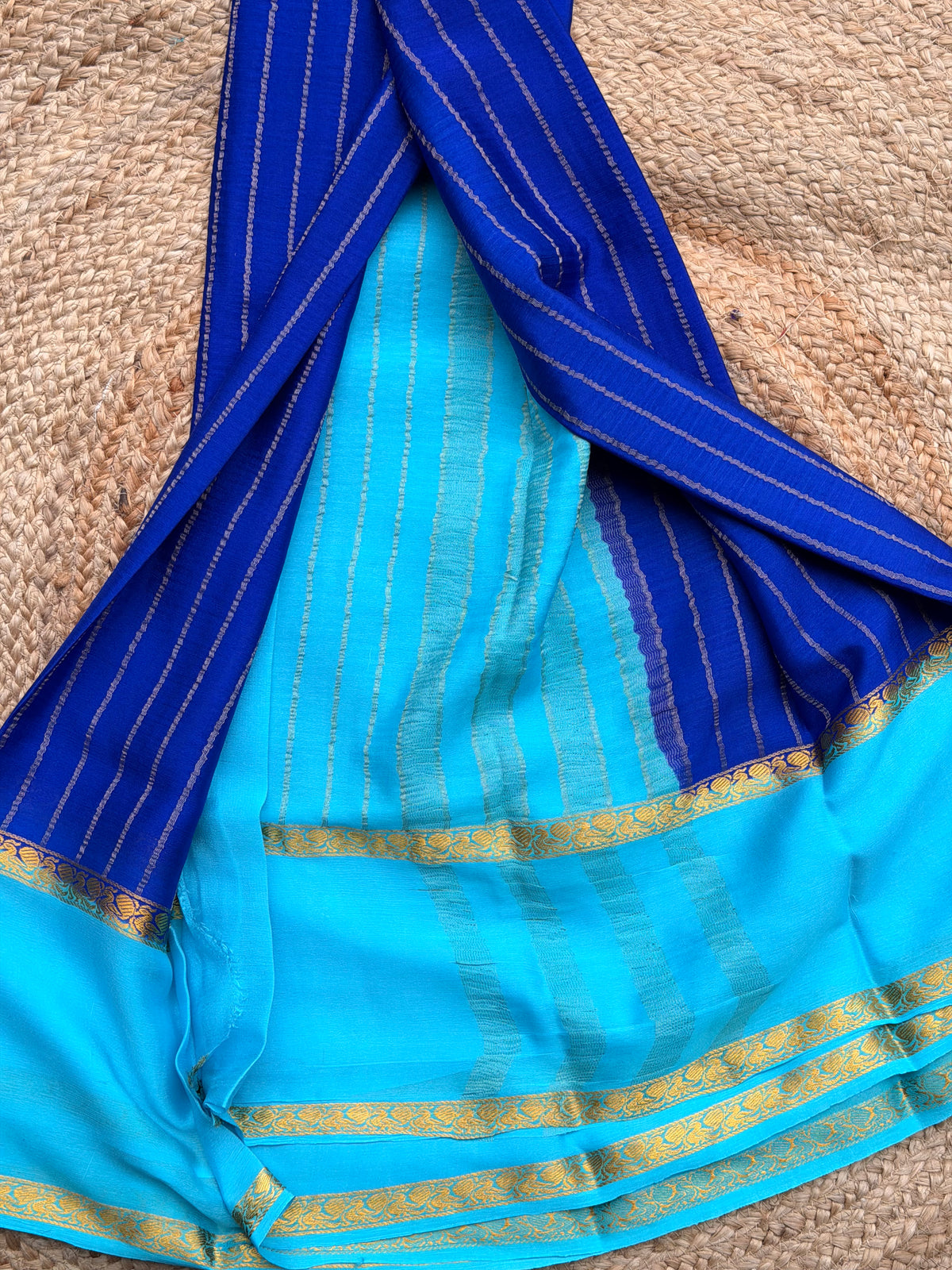 Royal blue with sky blue pure wrinkle crepe silk certified