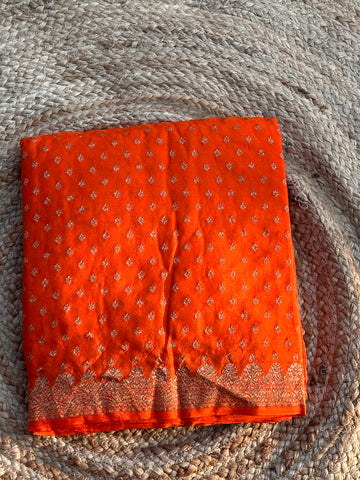 Orange small border pure crepe banaras saree