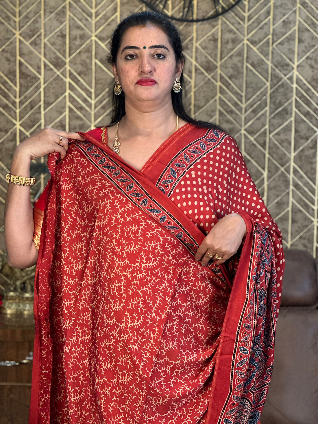 Red polky dots pure modal silk sarees.