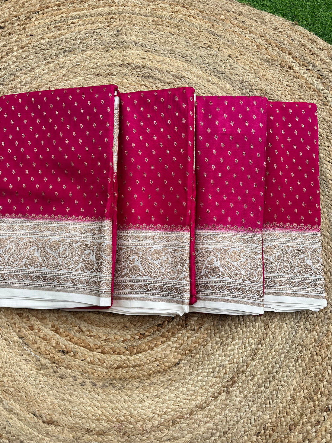 Pink and white pure crepe chiffon sarees with brocade blouse