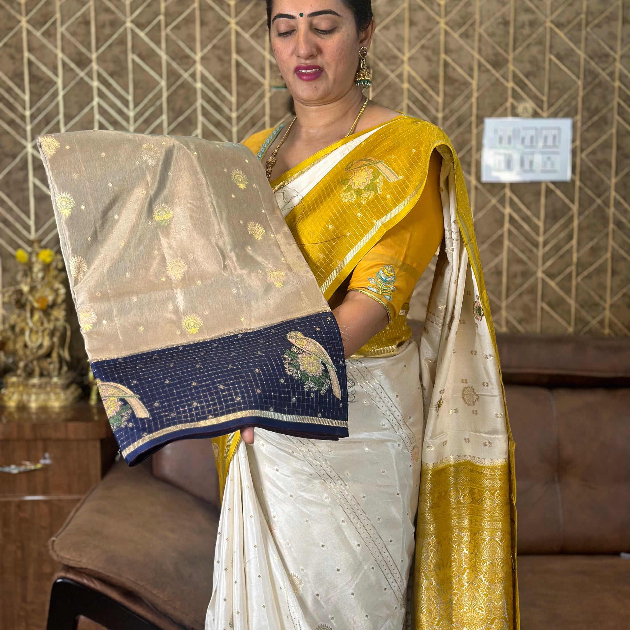 Beige with navy blue dola silk.