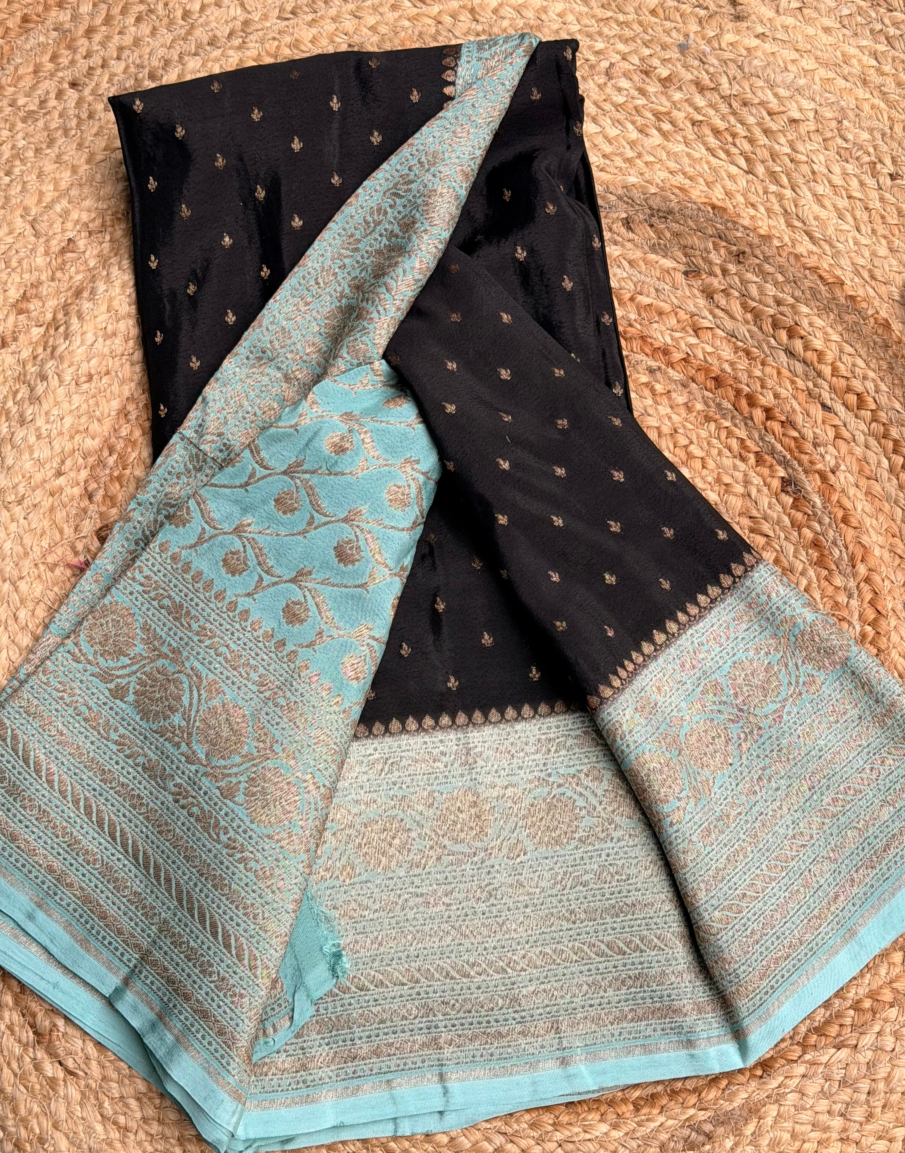 Black n sea green small butta benarasi crepe saree