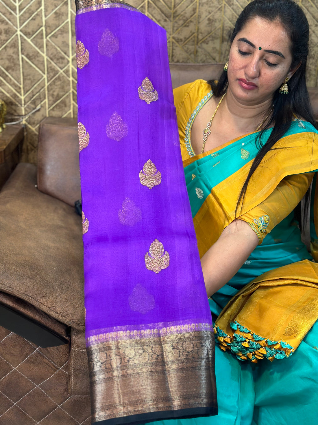 Lavender with black pure kora organza Banarasi sarees.
