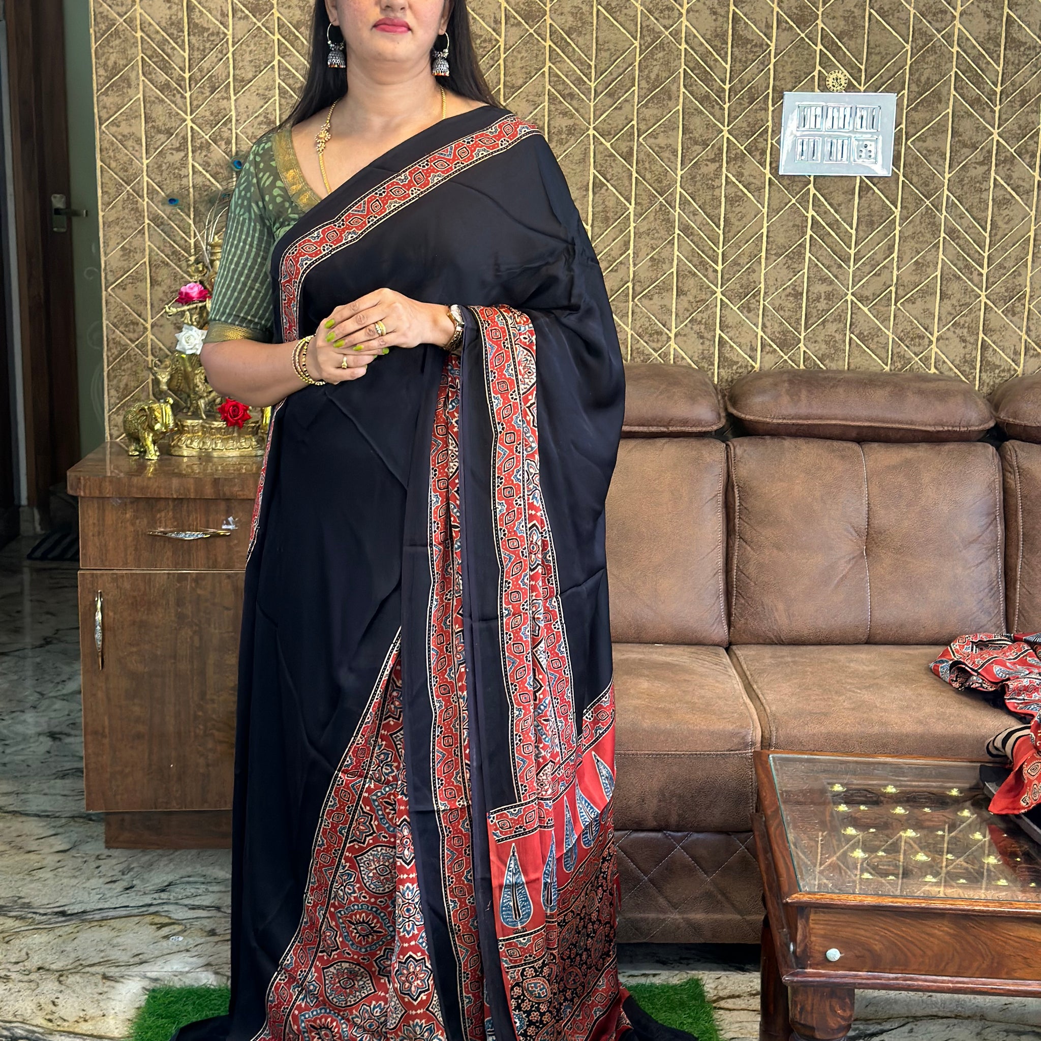 Black with red Ajrak prints pure modal silk sarees.