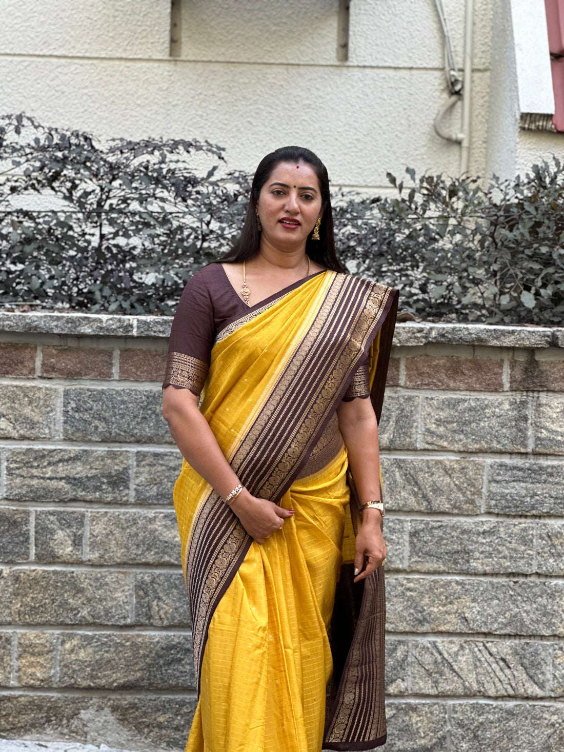 Mustard and deep coffee brown dola silk premium quality