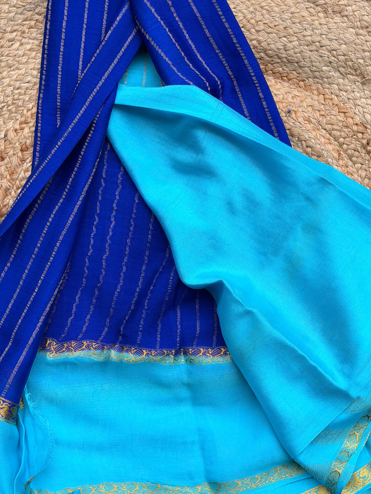 Royal blue with sky blue pure wrinkle crepe silk certified
