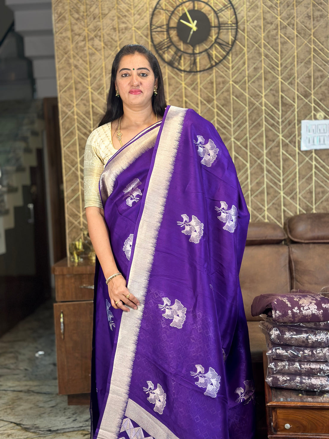 Purple dola silk with silver border.