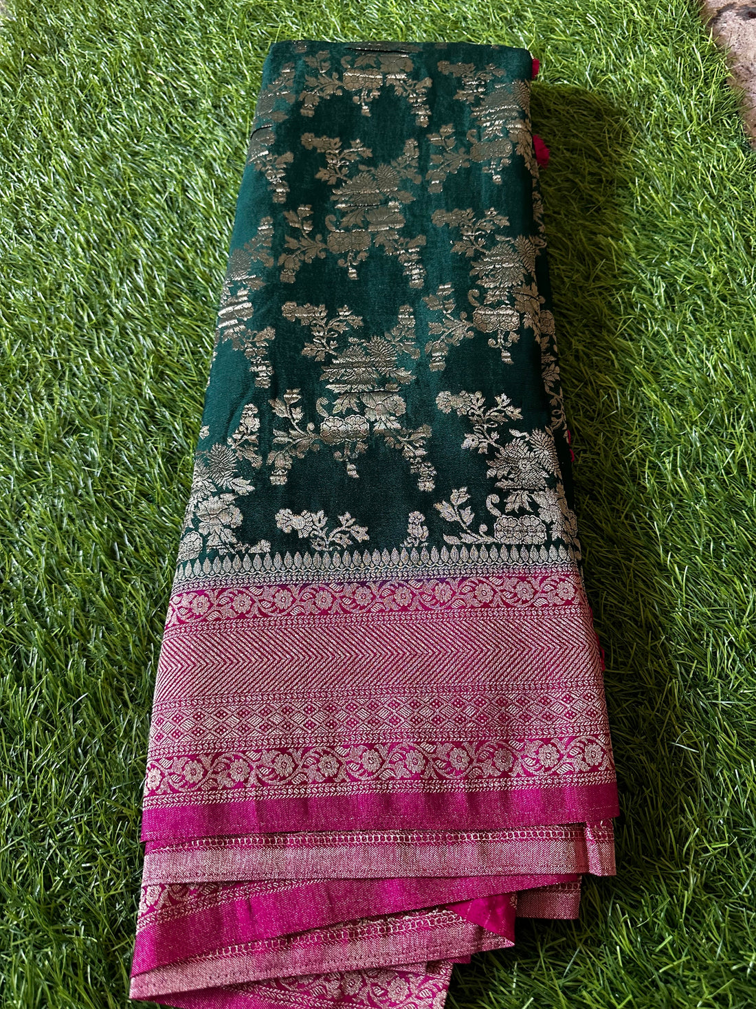 Crushed georgette in jaal pattern green and pink combination.