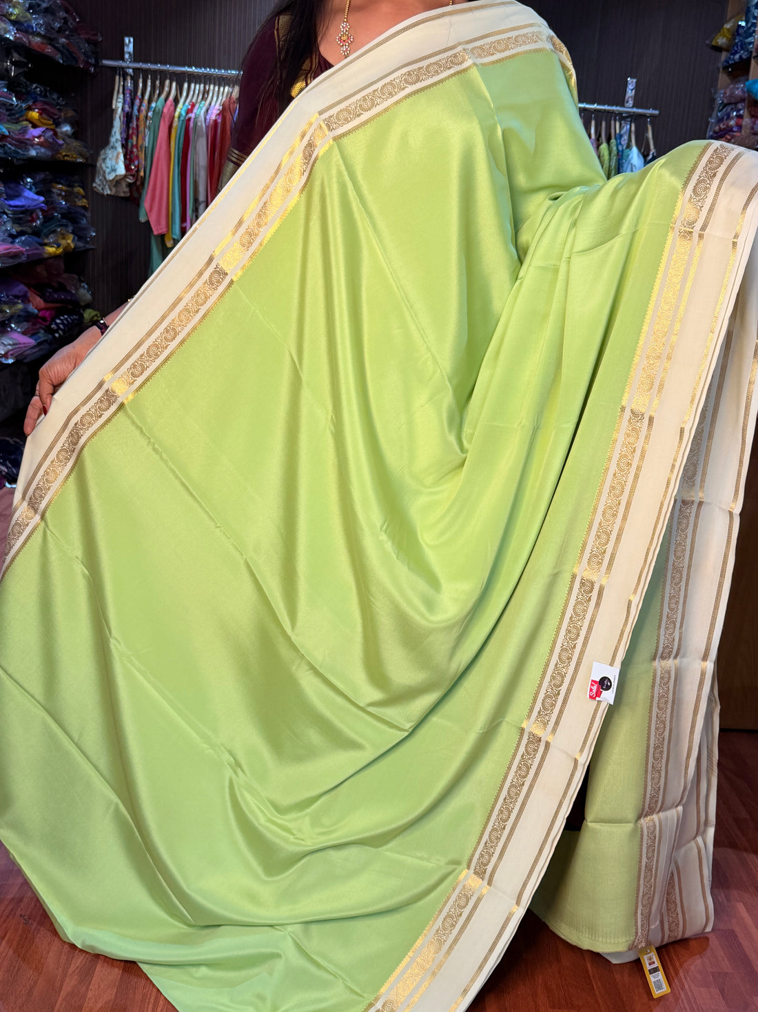 Pure Crepe Mysuru Silk Pastel Green and Offwhite